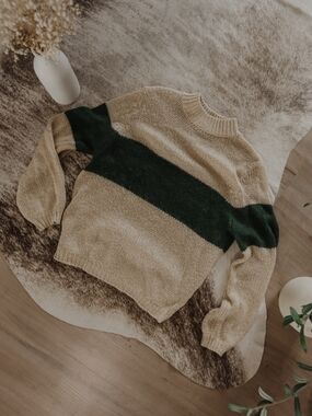 Roolee Cream Sweater with Green Accent Hem